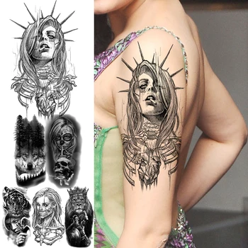 Временни татуировки Черен Вампир, Страшен Скелет, за мъже, възрастен Вълк, Тигър, Лъв, Войн, Реалистична фалшива татуировка на Череп на Хелоуин