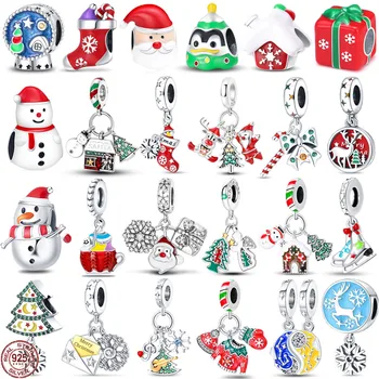 Нова Коледна Серия от Сребро 925 Проба Пингвин Лосове Бонбони Снежинка с Висулка, подходяща оригинална Гривна Pandora САМ Подарък-Изненада