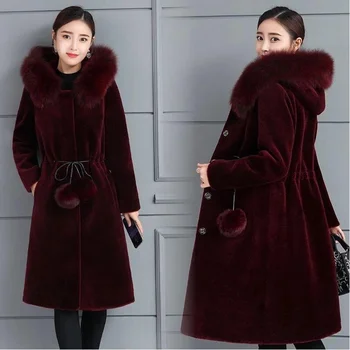 Дамско палто от изкуствена кожа, с капак от кадифе и кашмир, приталенная, голям размер, однотонная дебела однобортная палто с дълъг ръкав