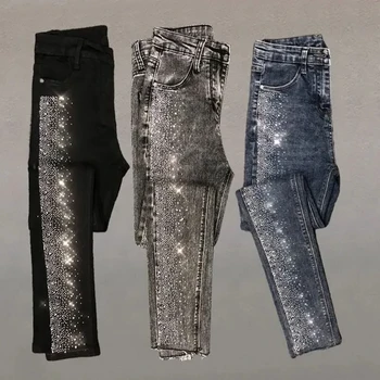 Пролетно-есенни женски реколта дънки с висока талия с черни диаманти, женски и сини дънкови панталони с дължина до щиколоток, улични панталони