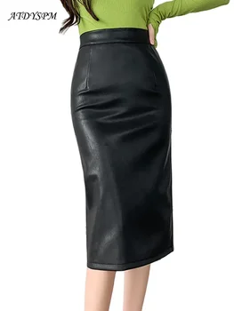 Класически Реколта Черна Пола, от изкуствена кожа, дамски Шик Прости Модни поли-калъфи с висока талия, Офис Дамски Панталони и поли-молив
