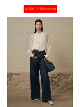 Офис дамски панталони 2023 Свободни Модни дамски панталони цялата дължина на Ежедневните дънки с висока талия и широки штанинами голям размер Тъмно-син цвят