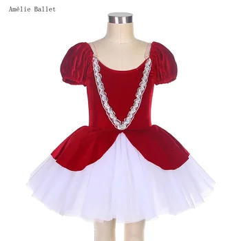 22001 Балетен костюм-пакетче с пищни ръкави, red velvet, сходни с пола-набор от мек тюл за момичета и жени, рокля-балерина